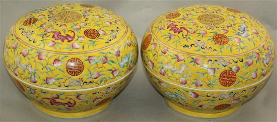 A pair of Chinese famille rose yellow ground boxes and covers, second half 19th century, 24.5cm diam.